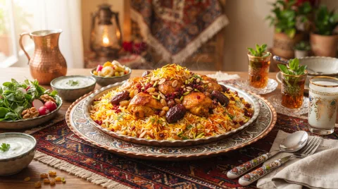 خرماپلو خوزستانی با مرغ و زعفران