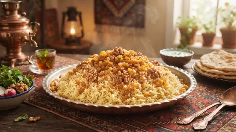 کشمش‌پلو اردبیلی با شیر و دارچین