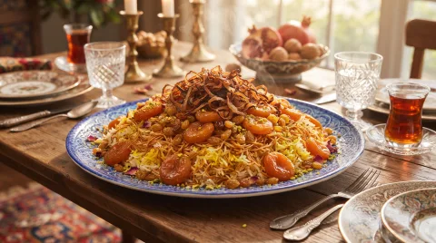 رشته‌پلو با قیسی و پیازداغ