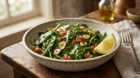 سالاد اسفناج گرم مقوی و خوشمزه